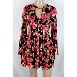 Free People Mini Dress Womens 6 Boho Chic Retro 70s Flowy Bell Sleeve Pleated